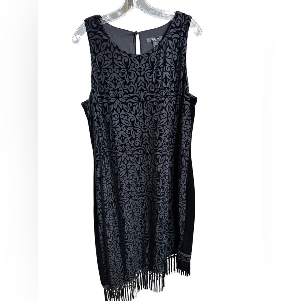 Style & Co. Black Velvet Burnout Sleeveless Sheath Dress With Tassel Fringe